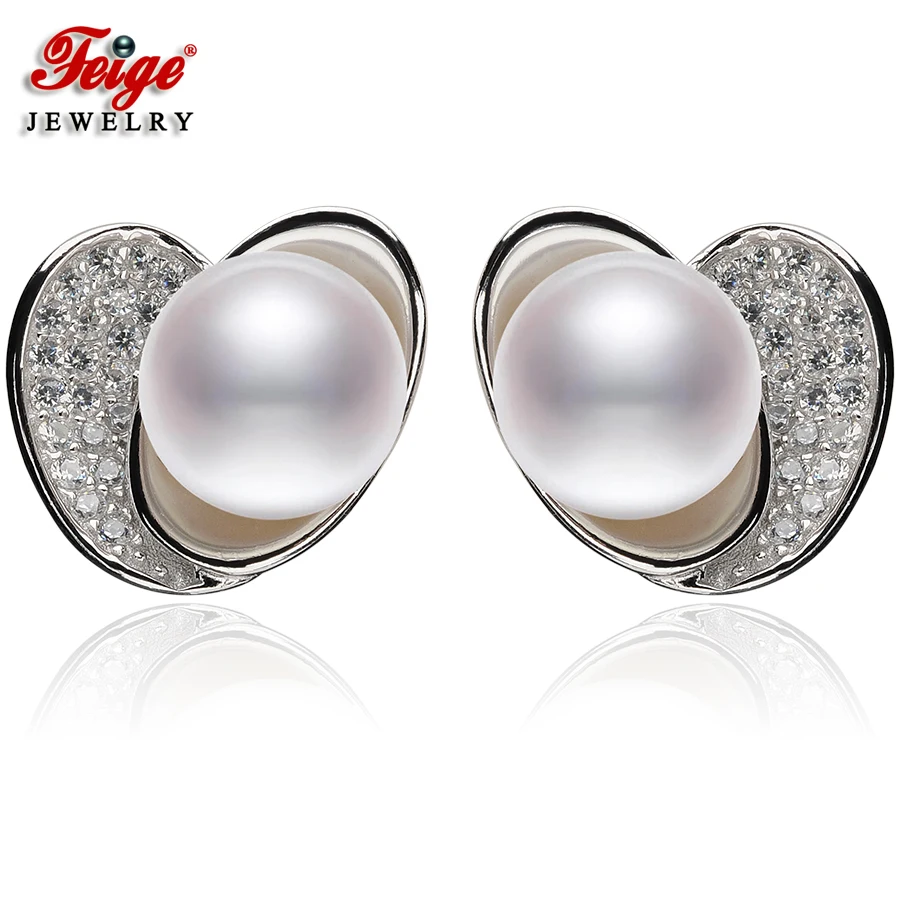 

FEIGE New Design Bride Pearl Jewelry 8-9mm Natural Freshwater Pearls Stud Earrings for Women's 925 Sterling Silver Earrings