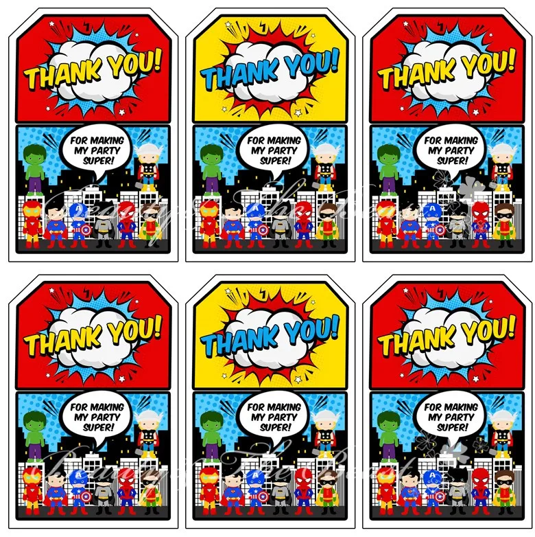 10 x Personalised Boy Super Hero Birthday Party Thank You Favour Tags