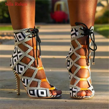 

Hot Brand Grid Open Toe High Heels Gladiator Sandals Women Boots Lace Up Cut Out Summer Ankle Boots Shoes Woman Sandalias Mujer