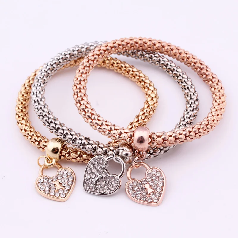 3 шт./компл. Самые низкие цены высокое качество модные серебро, золото, хрусталь сердце Форма цепи Браслеты& Bangles, роскошный, Браслеты для Для женщин