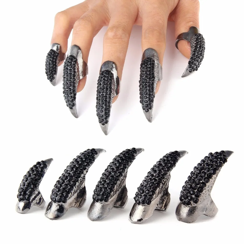 10pcs/set Jewelry Punk Style Crystal Rhinestone Paved Paw Bend Fingertip Finger Claw Ring Set Fake False Nails | Украшения и