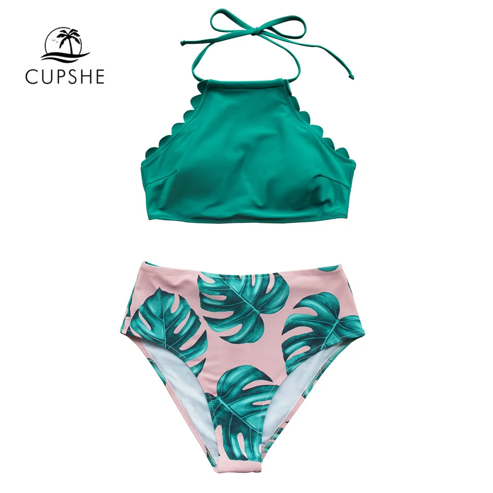 Online CUPSHE Teal Und Palm Print High neck Halter Bikini Sets Sexy Badeanzug Zwei Stück Bademode Frauen 2020 Strand Bade anzüge Biquini