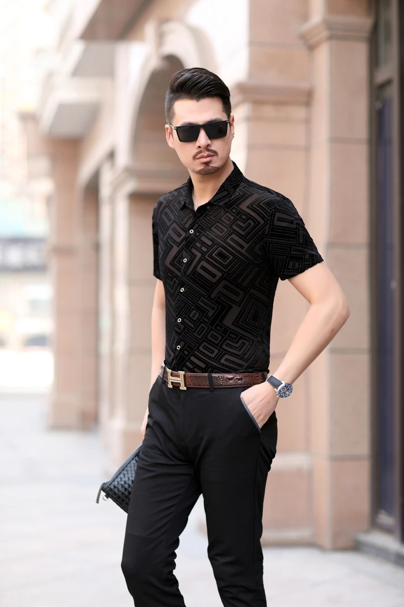 Нерегулярные решетки прозрачный короткий рукав рубашка Camisa Hombre модная уличная бархатная рубашка Гавайский человек Camisa соц