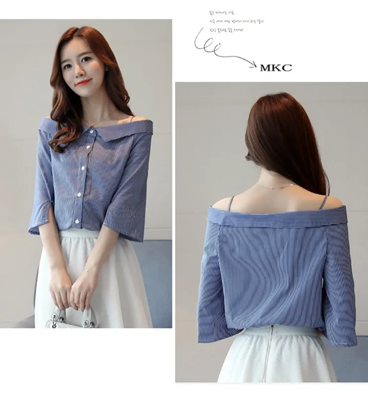 2018 Summer Off Shoulder Blouse Women Shirts Striped Slash Neck Tops Female Korean Fashion Rayas Chemisier Femme Blusas (2)