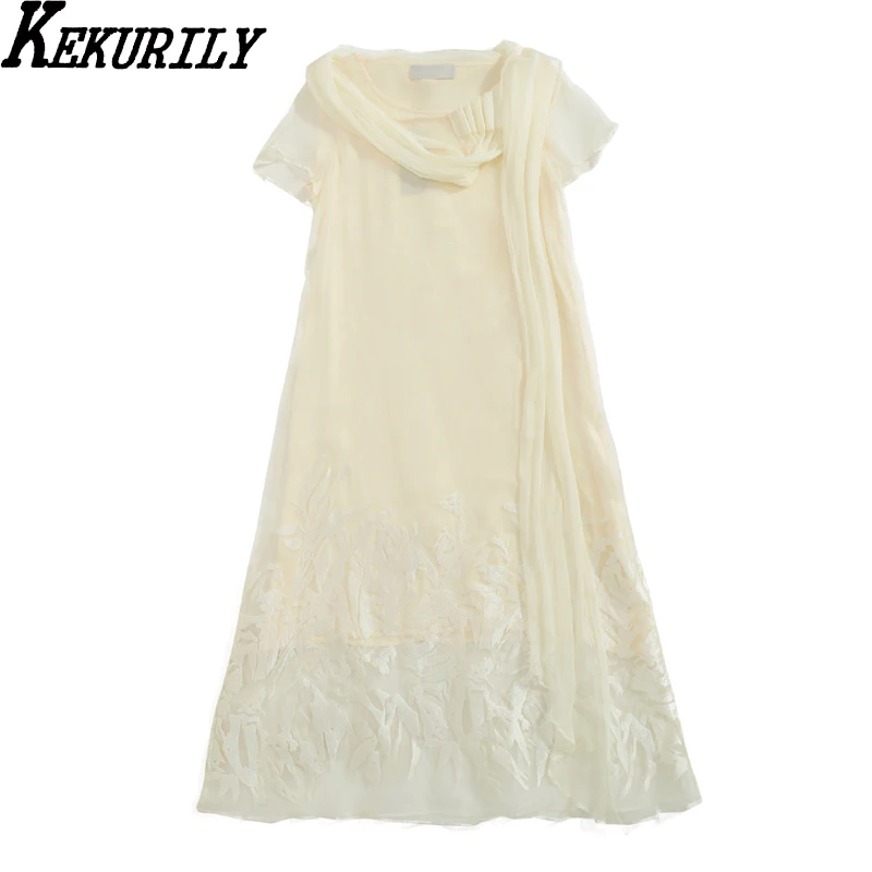 Vintage Organza Size Women Silk Embroidery Natural 2018 Dresses Clothes Floral Robe Summer Style Dress Apricot Chinese Party Plus Long OwgwZxR