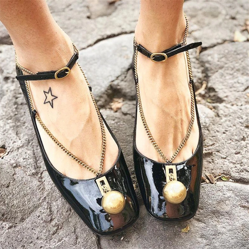 

Fashion Mary Janes Women Shoes Black Nude Patent Leather 2018 New Arrival Gold Chains Square Toe Chaussures Femme Women Shoes