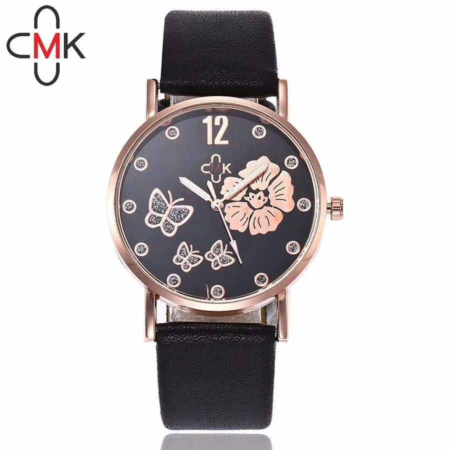

CMK Women Rhinestone Butterfly Watches Top Brand Casual Fashion Leather Strap Quartz Wristwatches Clock Relogio Feminino