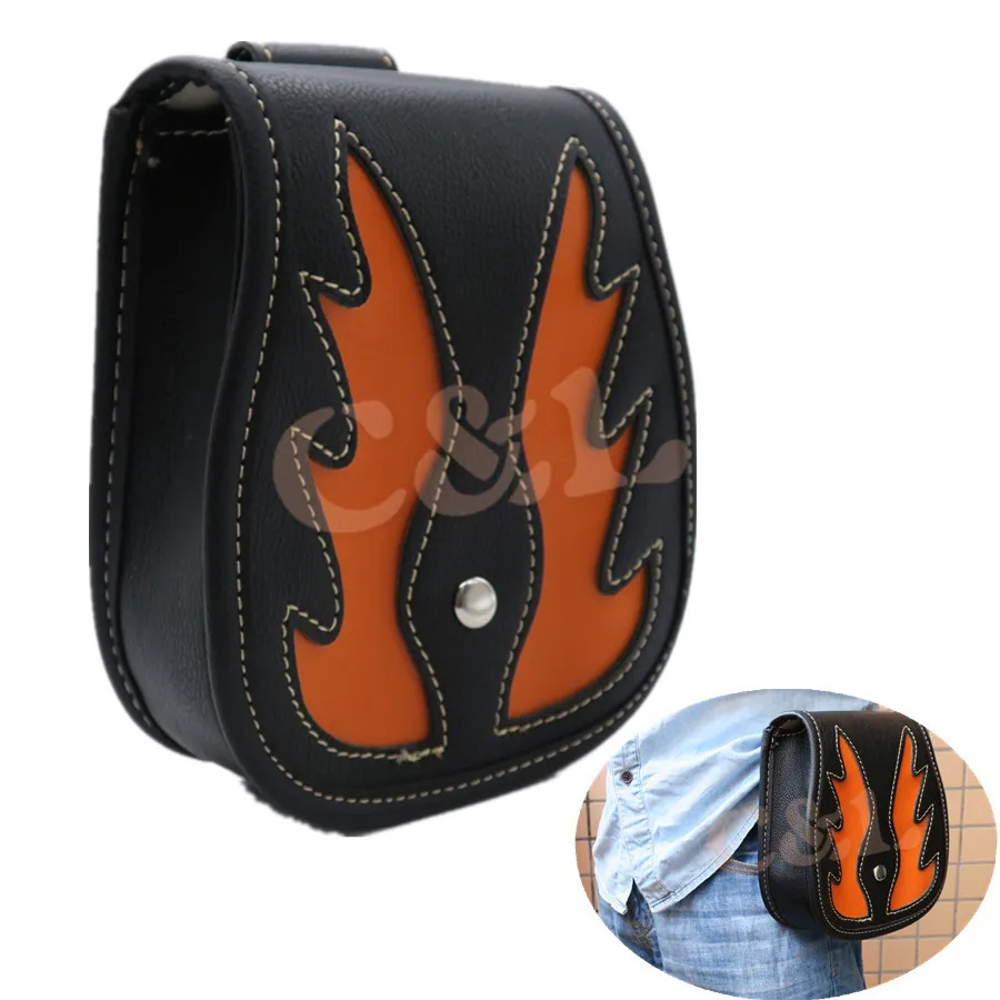 Black Universal PU Leather Flame Belt Bag Waist Holster Purse Pouch Side Bag Storage Saddle Bag Pocket For Harley Honda Yamaha