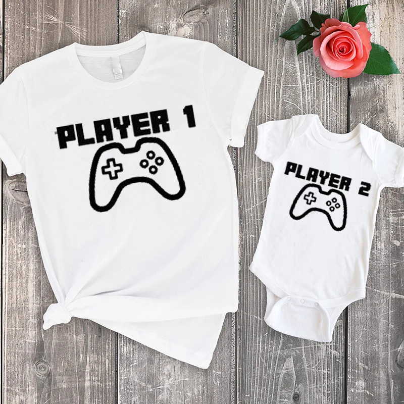 

family tshirt matching family tops player 1 and player 2 tees father and son gift shirt cotton matching holiday top kids print