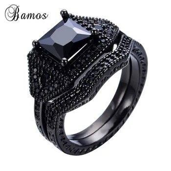 

Bamos Vintage 2PCS Black Punk Ring Male Double Rings For Men Black Gold Filled Hiphop Jewelry Party Accessories Bridal Sets