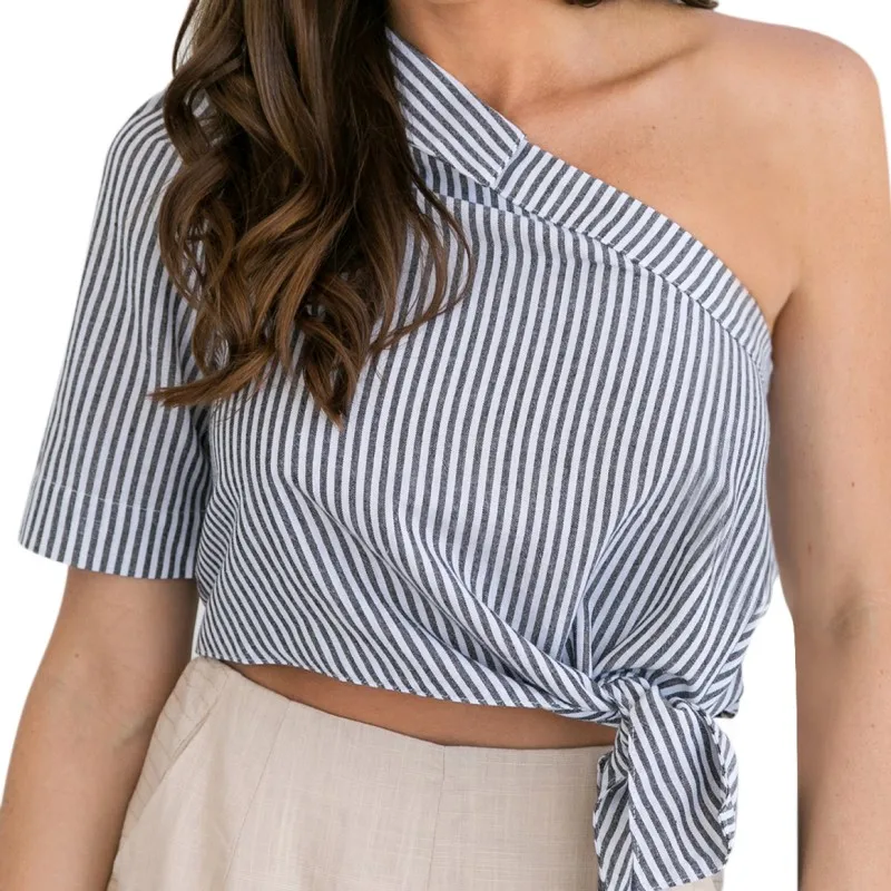 New Fashion Sexy Women Striped Shirt Fashion Irregular Strap Oblique