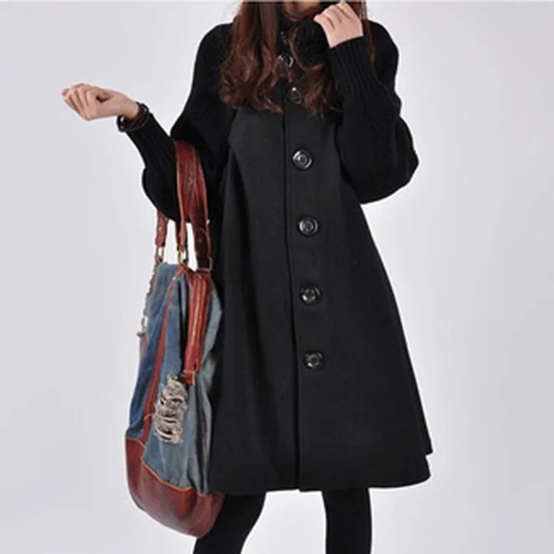 Осеннее теплое шерстяное пальто для женщин, однобортная ветровка, Зимний плащ, вязаный длинный рукав, высокий Тренч, пальто для женщин