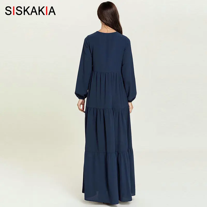 Siskakia арабское длинное платье Элегантное этническое Цветочная вышивка макси платья круглый вырез длинный рукав ДРАПИРОВАННОЕ лоскутное Свинг Осень новинка