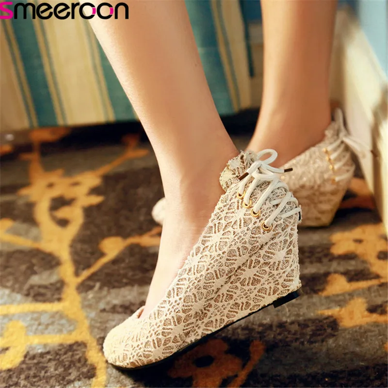 

smeeroon 2019 big size 33-41 women pumps flock lace up spring summer single shoes elegant wedges party dress shoes woman