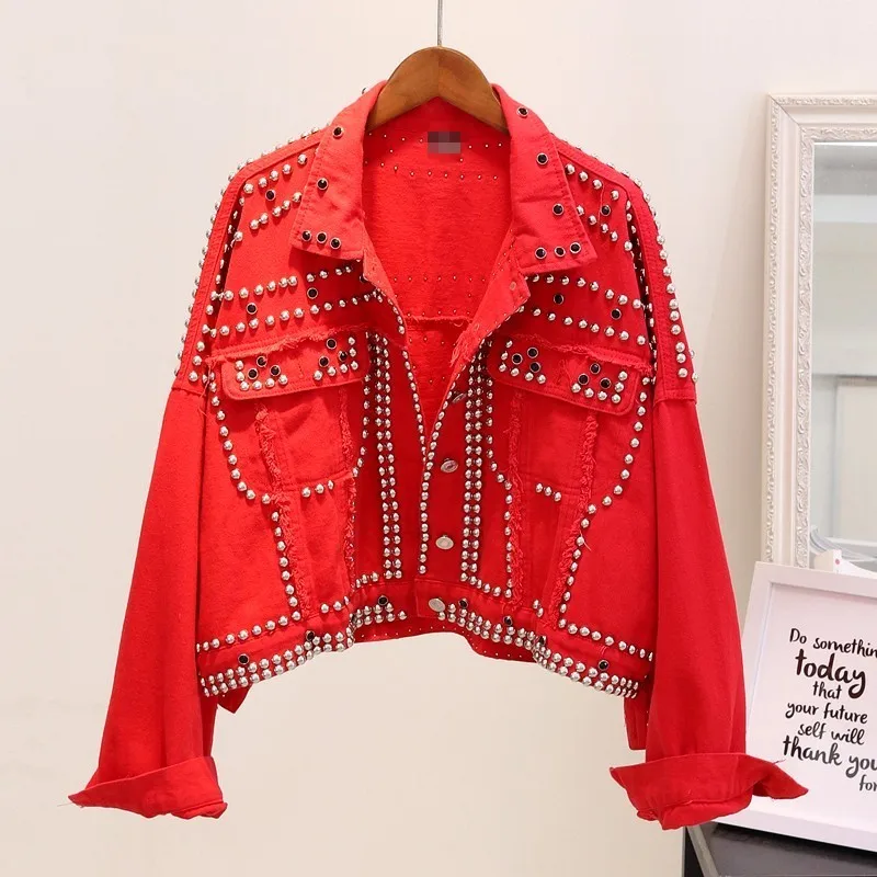 Винтажная укороченная джинсовая куртка с заклепками, Корейская джинсовая куртка для женщин, модные куртки, Новинка осени, chaqueta mujer, свободная Женская куртка - Цвет: Красный