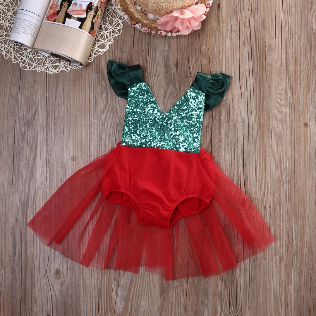 Милые рождественские боди для маленьких девочек; комбинезон с оборками и короткими рукавами; фатиновая пачка; Спортивный костюм для девочек; От 0 до 3 лет - Цвет: Красный