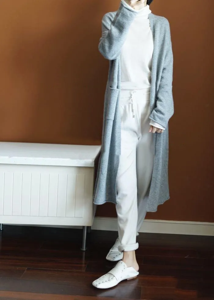 Новая мода макси длинный кашемировый свитер женский кардиган пальто Женский вязаный свитер с двойным карманом шерстяной кардиган с v-образным вырезом
