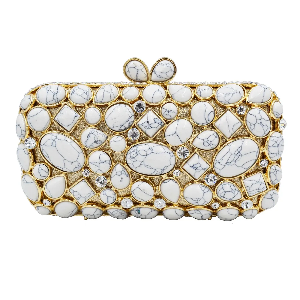 

White Irregular crack Stones Crystal Evening Clutch Bag Wedding Purse Party Prom Day Clutches Wristlets SC641