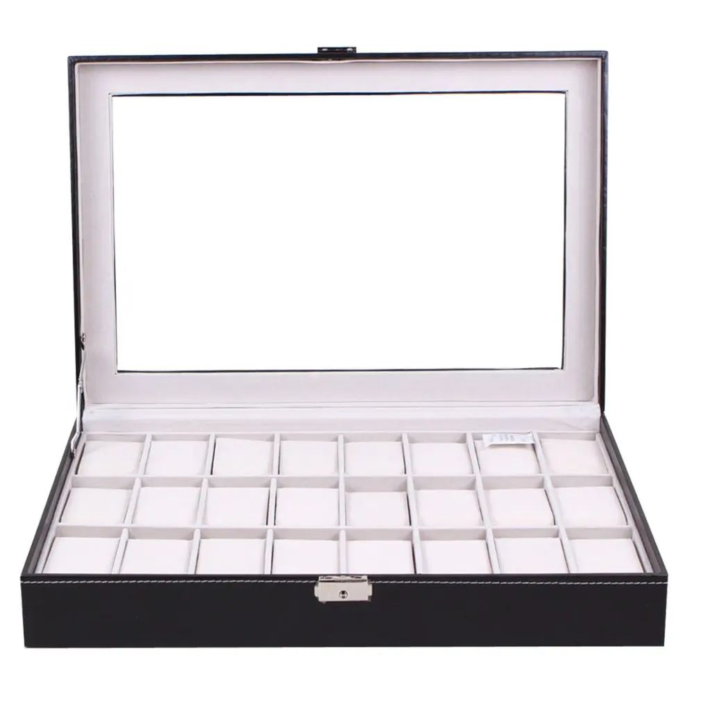 24 Сетки Прозрачное стекло черный из искусственной кожи коробка для часов чехол для хранения ювелирных изделий Органайзер классические часы дисплей шкатулка