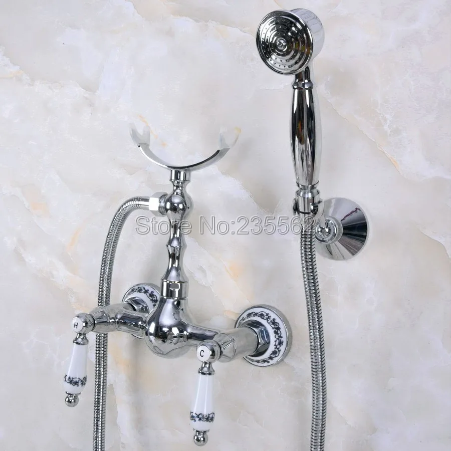 

Chrome Wall Mounted Clawfoot Bathtub Faucet w/Telephone Spary Mixer Tap lna263