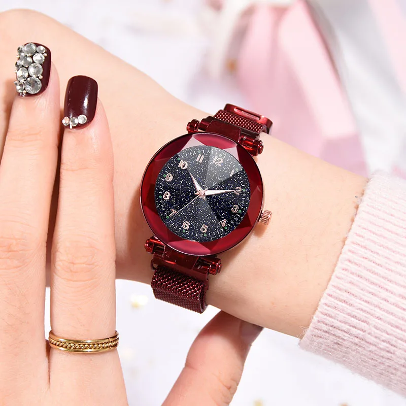 

1 Pcs Women Quartz Watch Starry Sky Dial with Magnetic Buckle Alloy Mesh Band @M23
