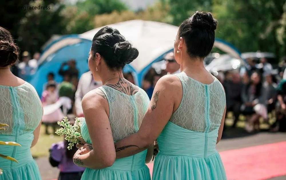 Hot Sell Mint Green Bridesmaids Dresses For Summer Weddings African A Line Sheer Neck Chiffon Floor Length Maid of Honor Gowns Plus Size  79 (7)