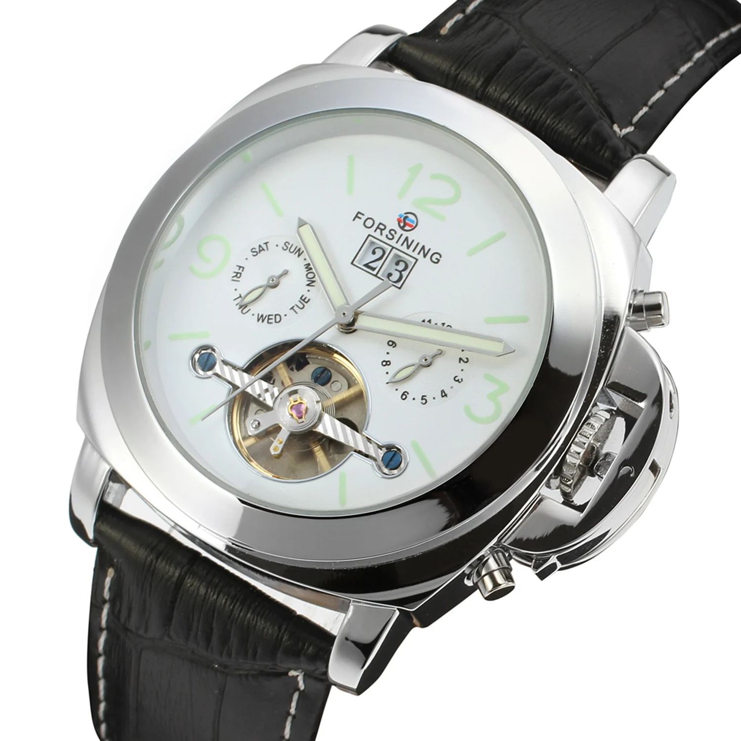 Forsining أعلى الفاخرة التلقائي ساعة رجالي الميكانيكية ووتش توربيون الرجال الرياضة مضيئة ساعة الذكور جلد الرجعية المعصم Forsining أعلى الفاخرة التلقائي ساعة رجالي الميكانيكية ووتش توربيون الرجال الرياضة مضيئة ساعة الذكور جلد الرجعية المعصم