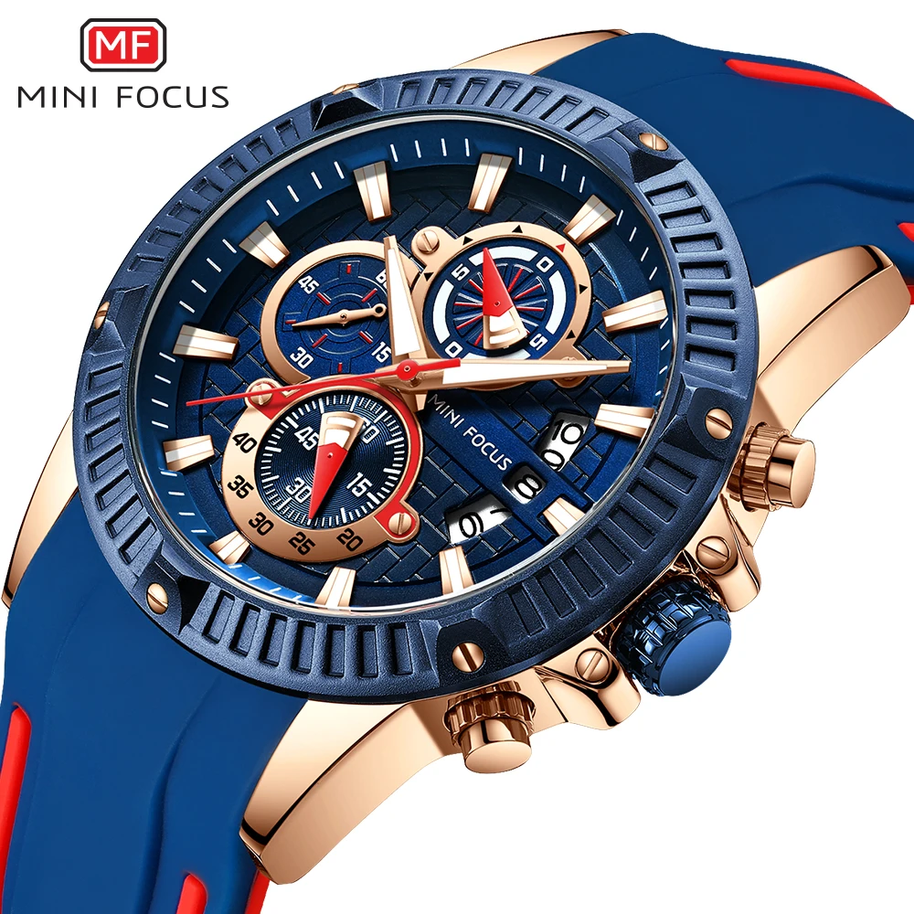 

MINI FOCUS Men's Chronograph Analog Quartz Watch with Date, Luminous Hands, Waterproof Silicone Rubber Strap Wristswatch for Man