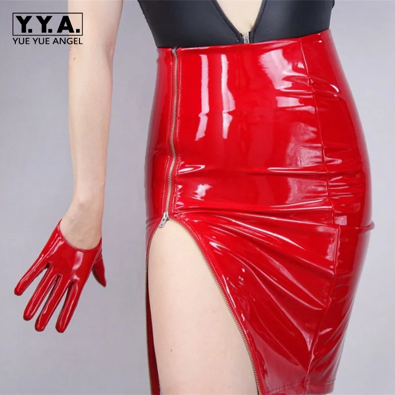 

PU Leather Pencil Skirt Ropa Mujer Bright Red Black Elasticity Wrap Skirt Lady Club Party Sexy High Waist Skirts Womens Fashion