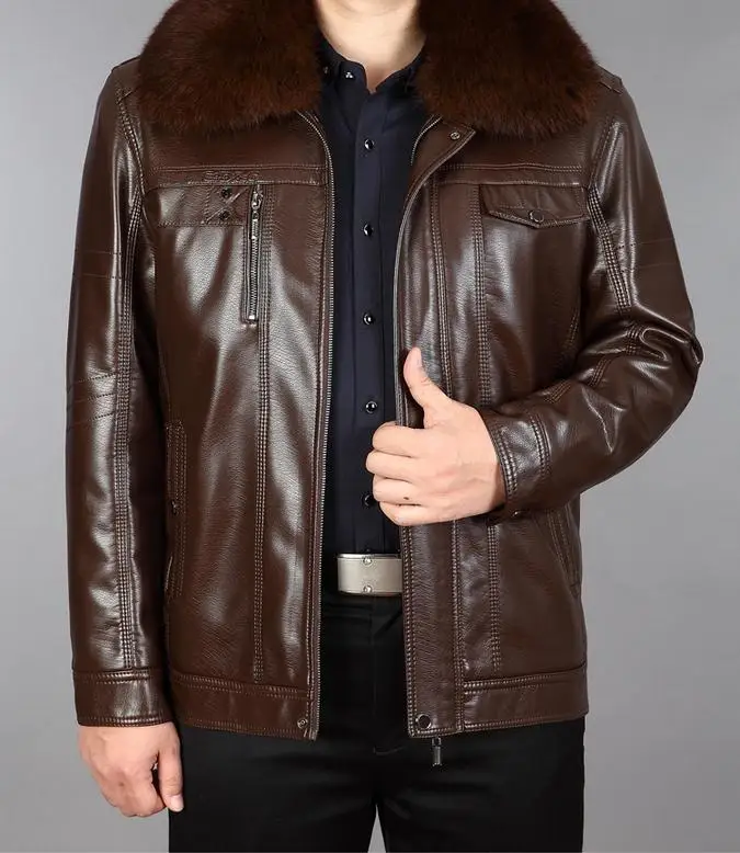 

New Winter Men Leather Rabbit Fur Collar Jacket In Middle-aged And Velvet With Thick Warm Coat