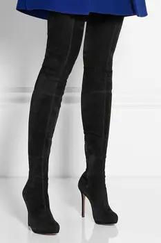 

Women Black Stretch Suede Over the Knee Thigh High Boots Ladies Pointed Toe Slom High Heel Spring Autumn Dress Shoes