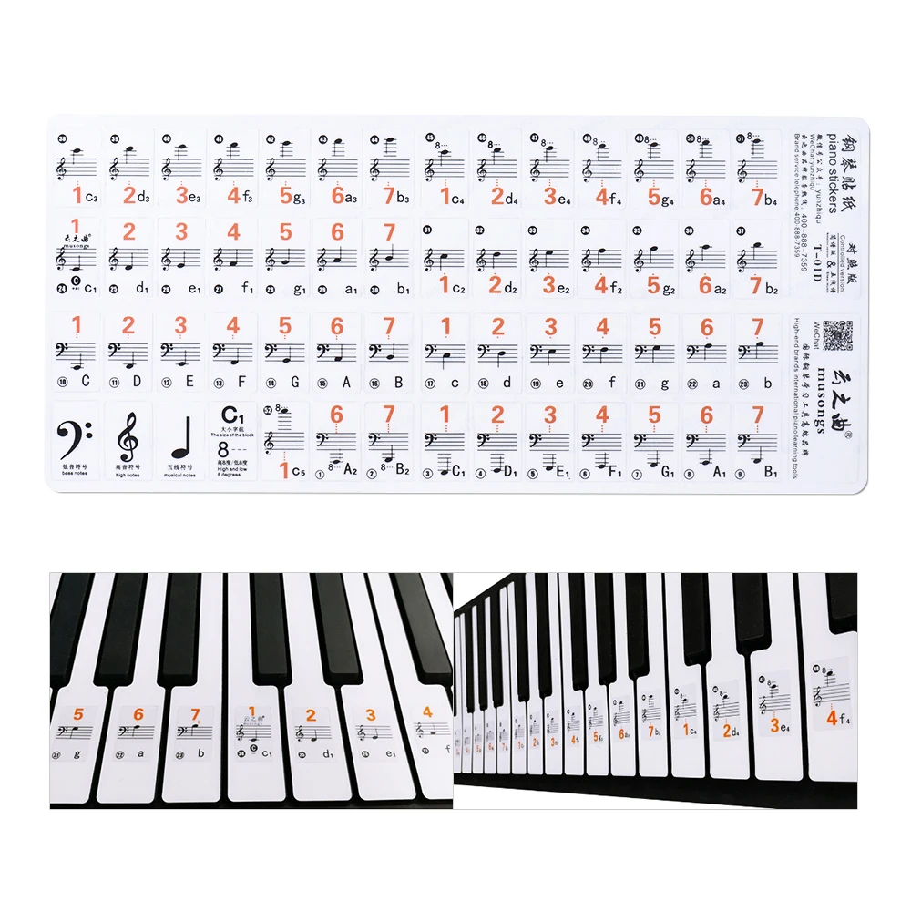 Piano Sticker Transparent Piano Keyboard Sticker 49/61 Key Electronic Keyboard 88 Key Stave Note for White Keys
