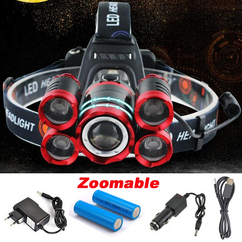 CREE 5 LED XML T6 Headlight 15000Lumens Zoomable Headlamp Rechargeab Head Lamp Fishing Light Outdoor Lighting