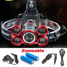 CREE 5*LED XML T6 Headlight 18000Lumens Zoomable Headlamp Rechargeable Head Lamp Fishing Light Outdoor Lighting+Battery+Charger