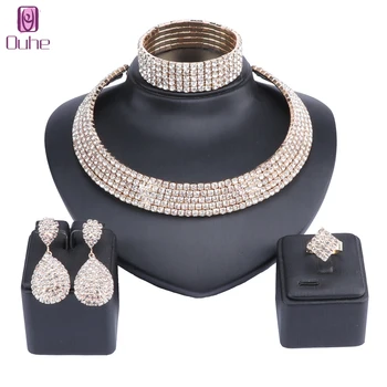 

Women Classic Rhinestone Crystal Choker Necklace Earrings Bangle Ring Bridal Party Jewelry Sets Wedding Accessories
