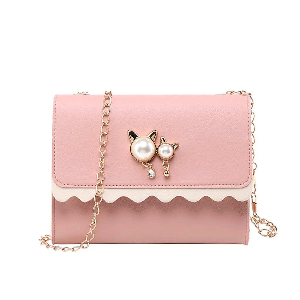 

Women Messenger Bags 2019 Cute Cat Pearl Pendant Small Square Bag Leather Pearl Lovely Wild Shoulder Messenger Bag #Zer