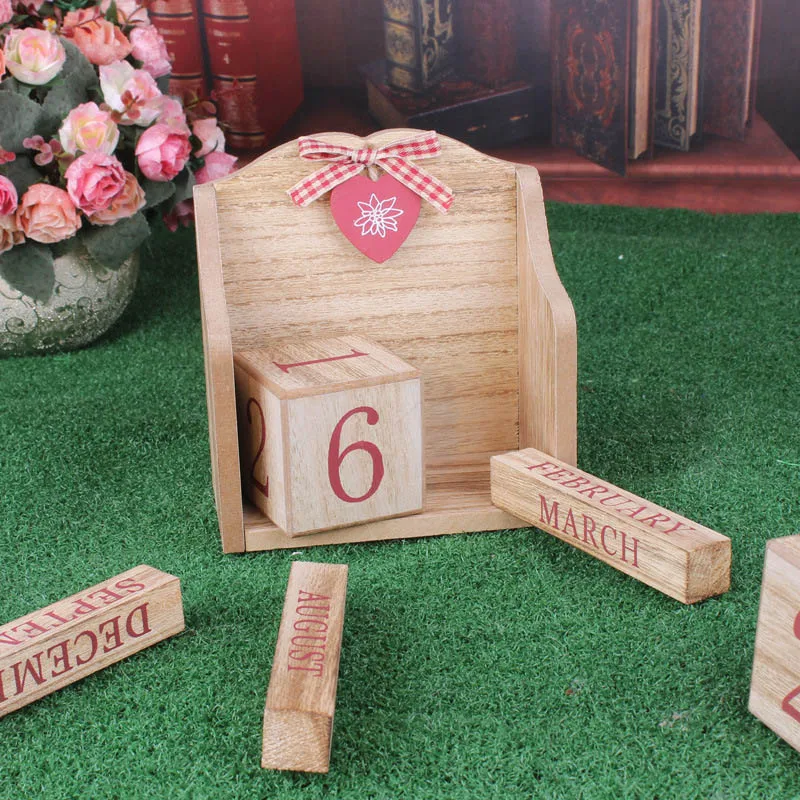 

Cute Bowknot Heart Wooden Perpetual Calendar Wood Block Home Office Decor 2019ing
