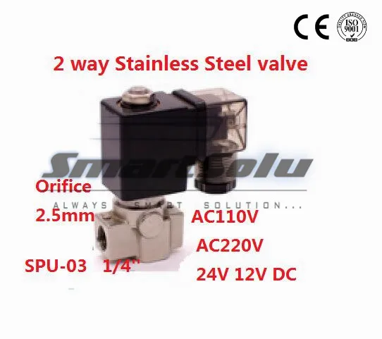 

Free shipping 2 way SUS304 water solenoid valve normally close G1/4" 24V DC Orifice 2.5mm SPU-03 zero pressure start plug type