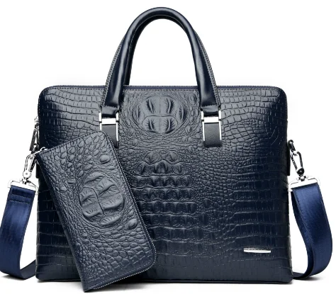 Высококачественные деловые мужские сумки из крокодиловой кожи, водонепроницаемые мужские портфели из натуральной кожи, многофункциональная сумка на плечо для ноутбука LFB43 - Color: Blue
