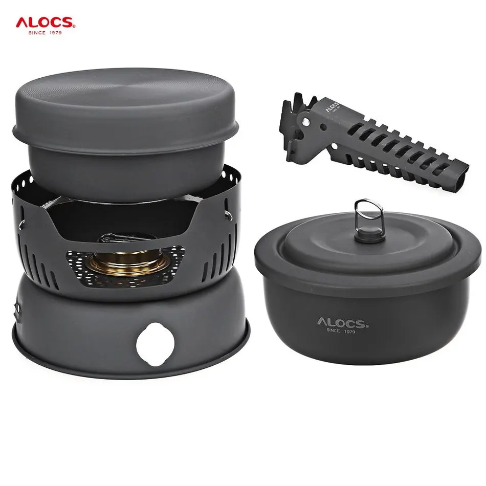 

ALOCS 10pcs Outdoor Camping Hiking Tableware 2 To 4 Person Camping Equipment Alcohol Cook Set Picnic Stove With Griper Pot