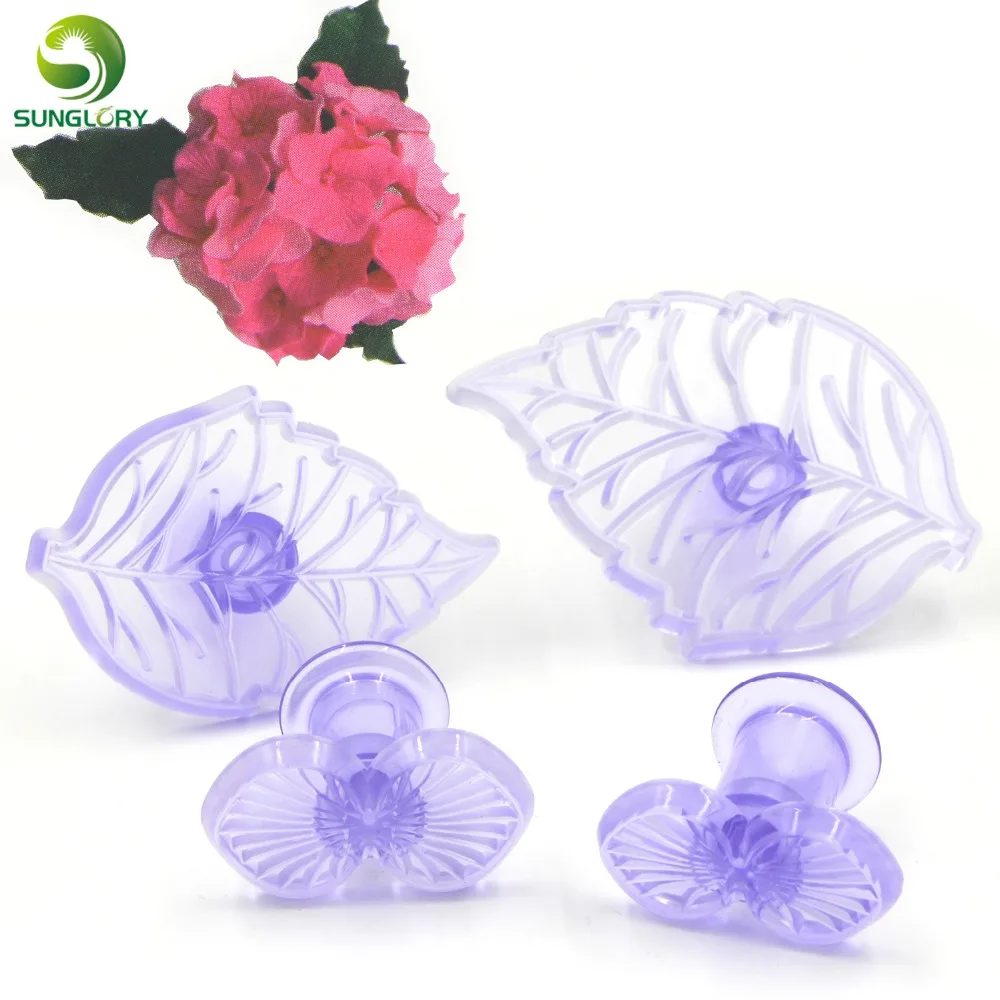 

Bakeware 4PCS Plastic Gum Paste Hydrangea And Leaf Plunger Cutter Flower Cookie Cutter Fondant Cake Mold Baking Tools For Cakes