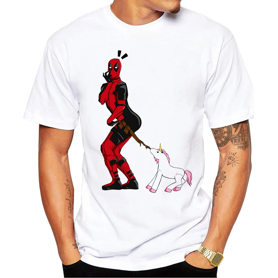 

2018 Hot Sales Deadpool and Unicorn Printed Men T Shirt Short Sleeves Funny Cartoon Design Male Tops Hispter Tee Shirts O166