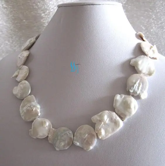 

Handmade Luck Pearl Jewelry Set 18 inches 20-22mm White Coin Freshwater Pearl Necklace Earrings Free Shipping
