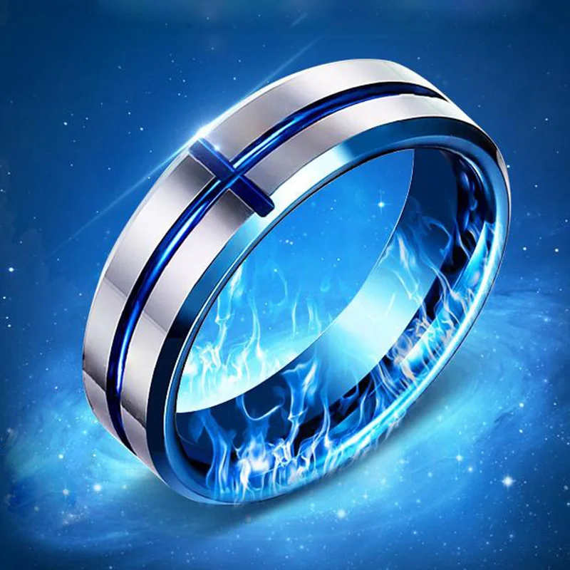 New Fashion Jewelry Titanium Steel Ring for Men Blue Cross Stainless Steel Mens Ring Personality Charms Rings Wedding Party Punk