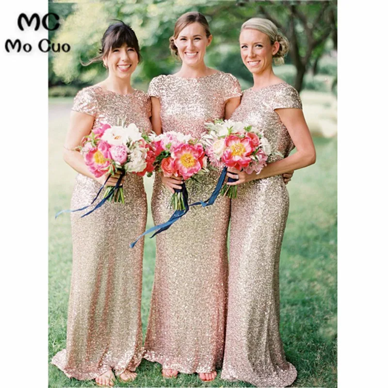 Charming Sheath Bateau Cap Sleeves Long Golden Sequin Bridesmaid Dress4