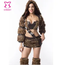 Brown Faux Fur and Leather Tube Top with Mini Skirt Long Sleeves Jacket font b Hat