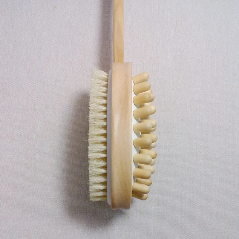 

Double Side Body Bath Brush Natural Bristles Body Brush Long Handle SPA Bath Massage Brushes Wooden Skin Cleaning Shower Brush