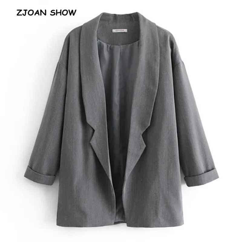 

2019 New Women Spring Vintage Shawl Collar Solid Grey Color Blazer Oversized Open Stitching Long Suit Jacket Coat Outerwear