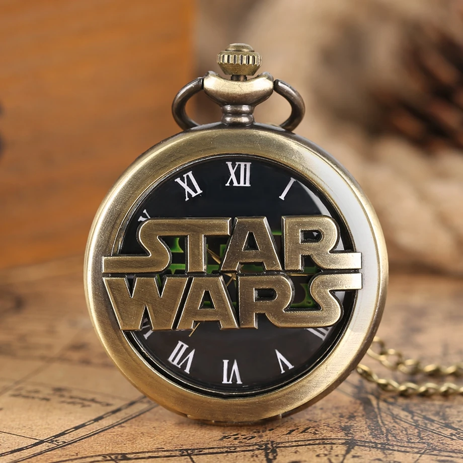 Vintage Retro Holllow Star Wars Theme Quartz Pocket Watch Roman Number Best Gift for Men Women Children Necklace with Chain (7)