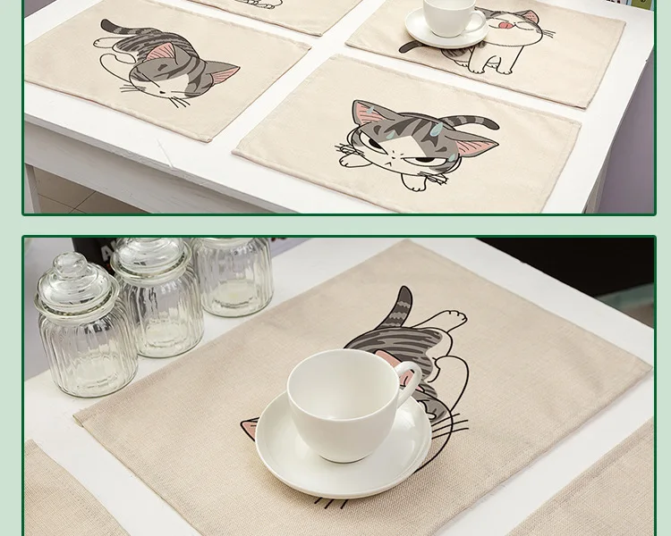 Хлопковый льняной коврик для стола милый кот мультяшный животный узор подстилки для детской кухни обеденные коврики